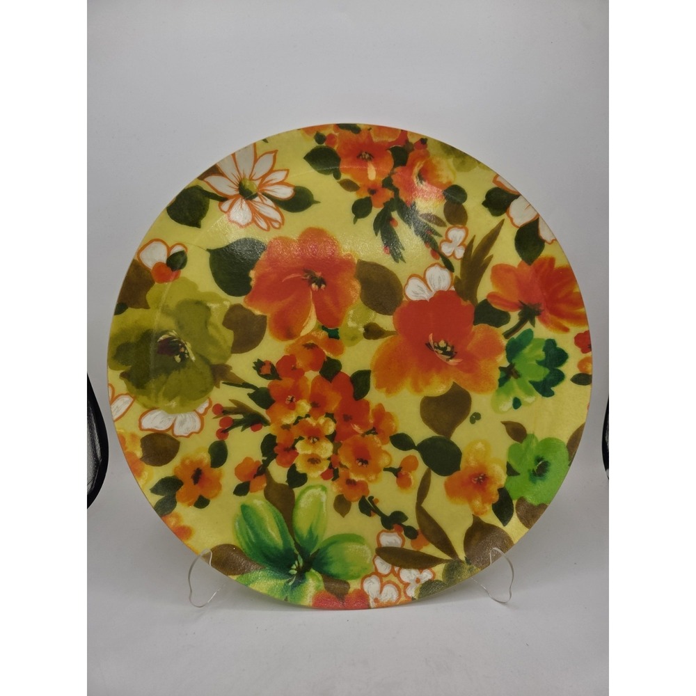 Vintage Retro MCM 70s Floral Fiberglass Serving Tray Plate Platter 13.75" Groovy